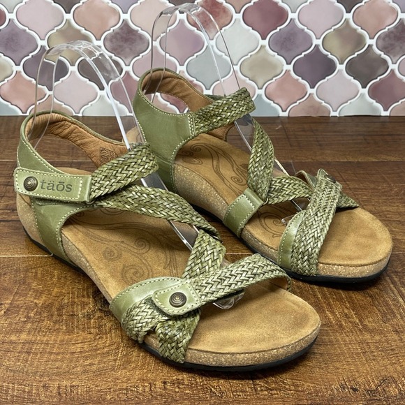Taos Shoes - Taos - Trulie Braided Leather Strap Wedge Sandals - Herb Green - EU39 US 8/8.5